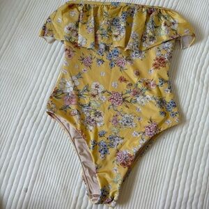 LA Hearts Floral Ruffled Bandeau Yellow Bathing Suit